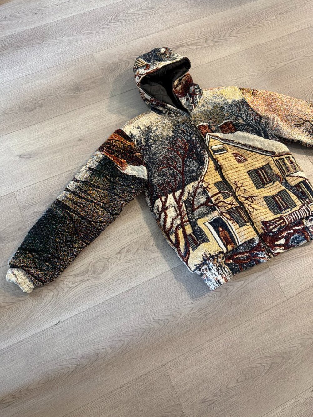 Reworked Tapestry Winter House Art Blanket Zip Hoodie Jacket Mens Medium